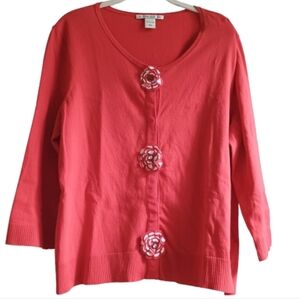 Peter Nygard Large Coral Red Cardigan Sweater Snap‎ Floral Buttons Cotton Nylon